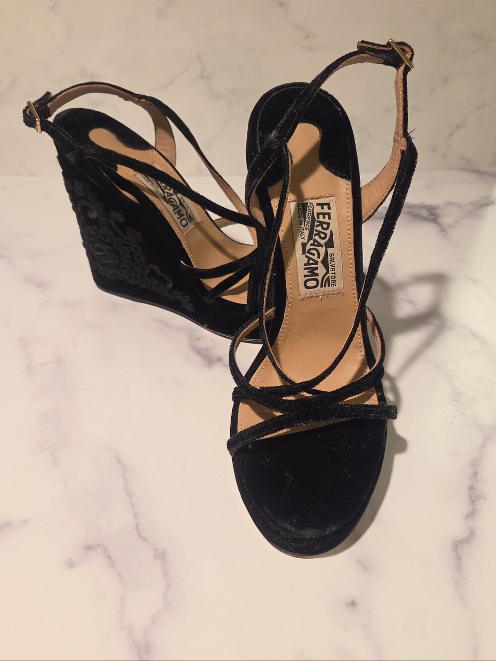 Salvatore Ferragamo Black Velvet Strappy Wedge Sandals